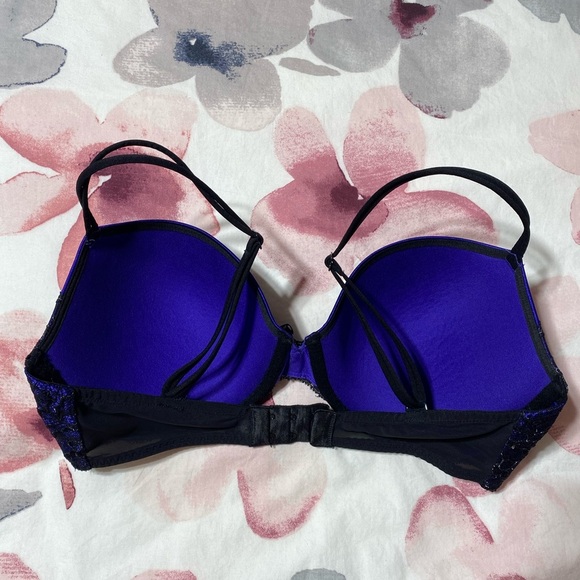 Victorias Secret Lined Demi Buste Double Lace Purple & Black Sexy Bra Size 34DD - Picture 9 of 10